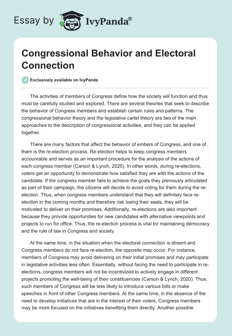 Congressional Behavior and Electoral Connection. Page 1