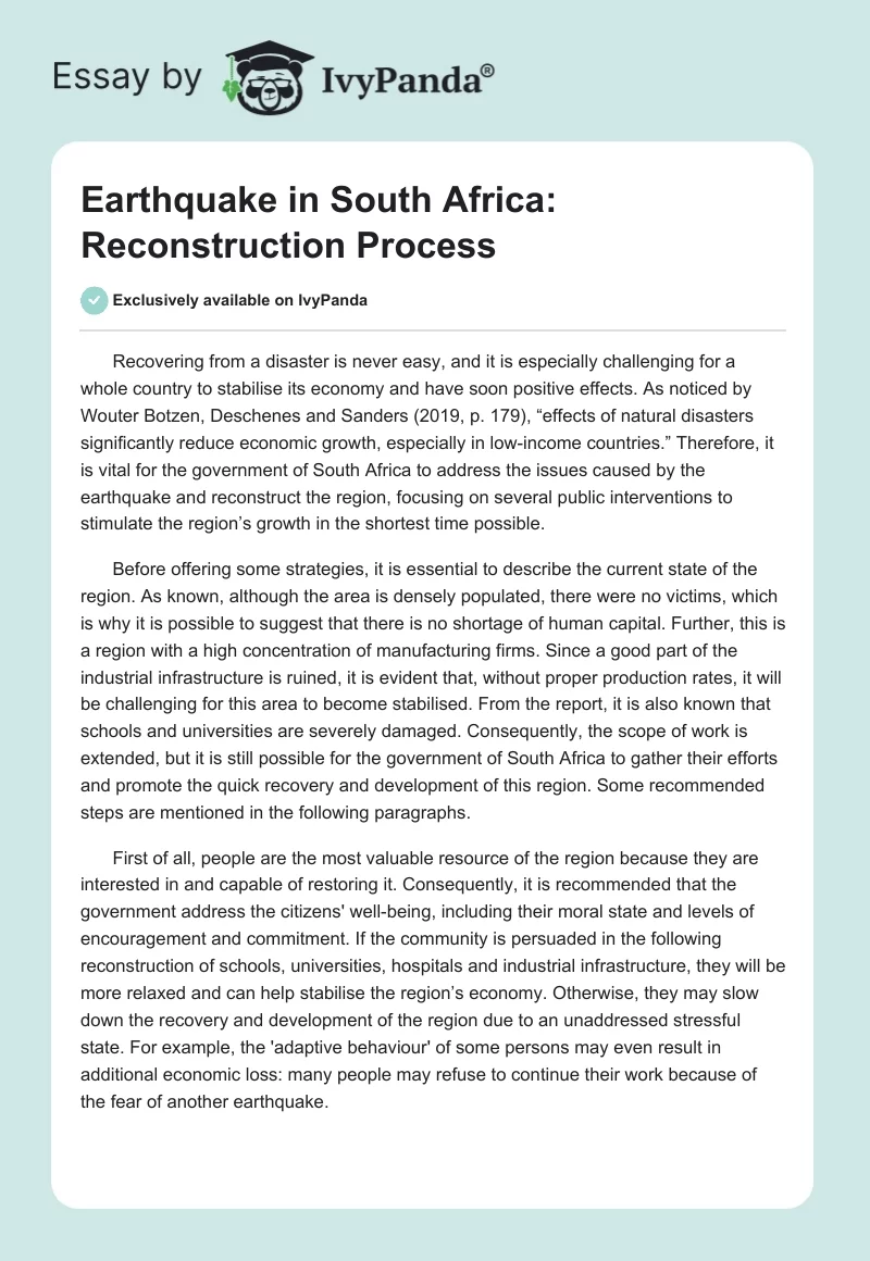Earthquake in South Africa: Reconstruction Process. Page 1