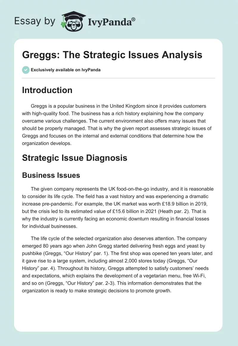 Greggs: The Strategic Issues Analysis. Page 1