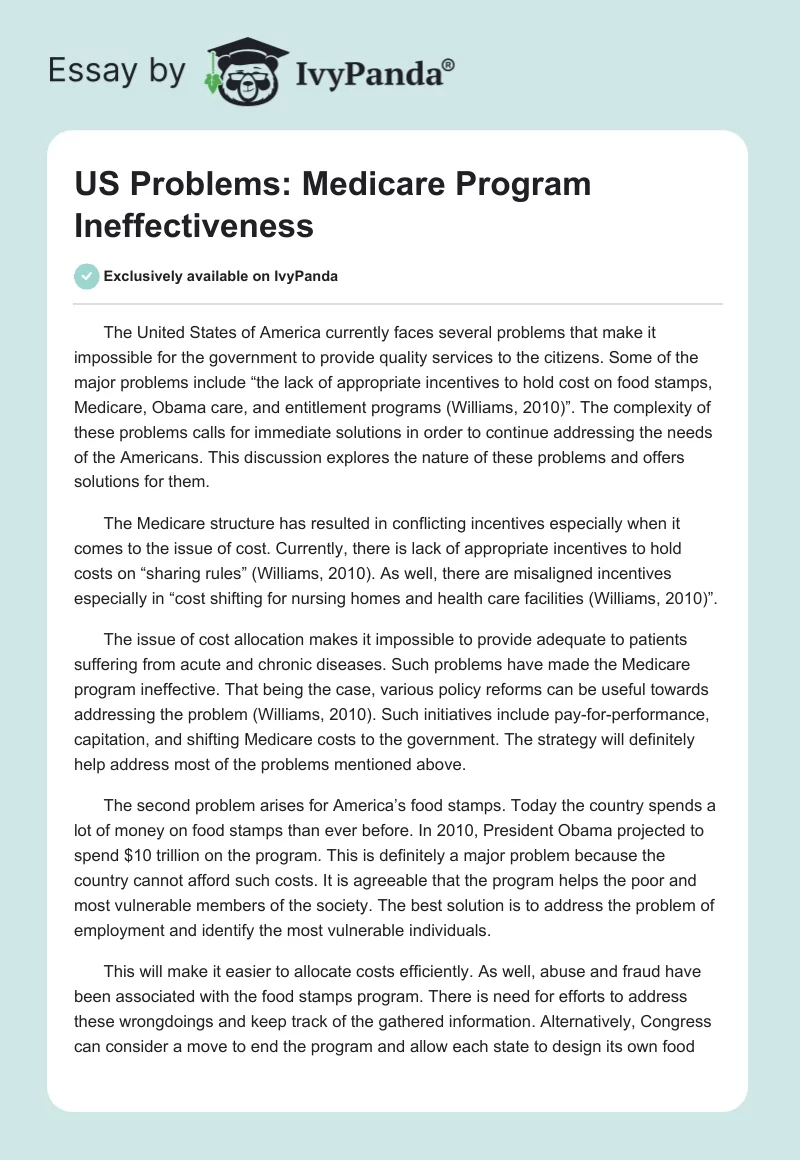 US Problems: Medicare Program Ineffectiveness. Page 1