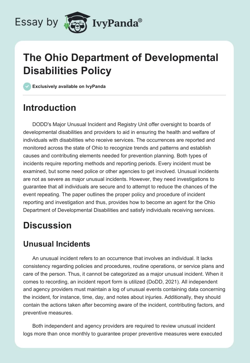 The Ohio Department of Developmental Disabilities Policy. Page 1