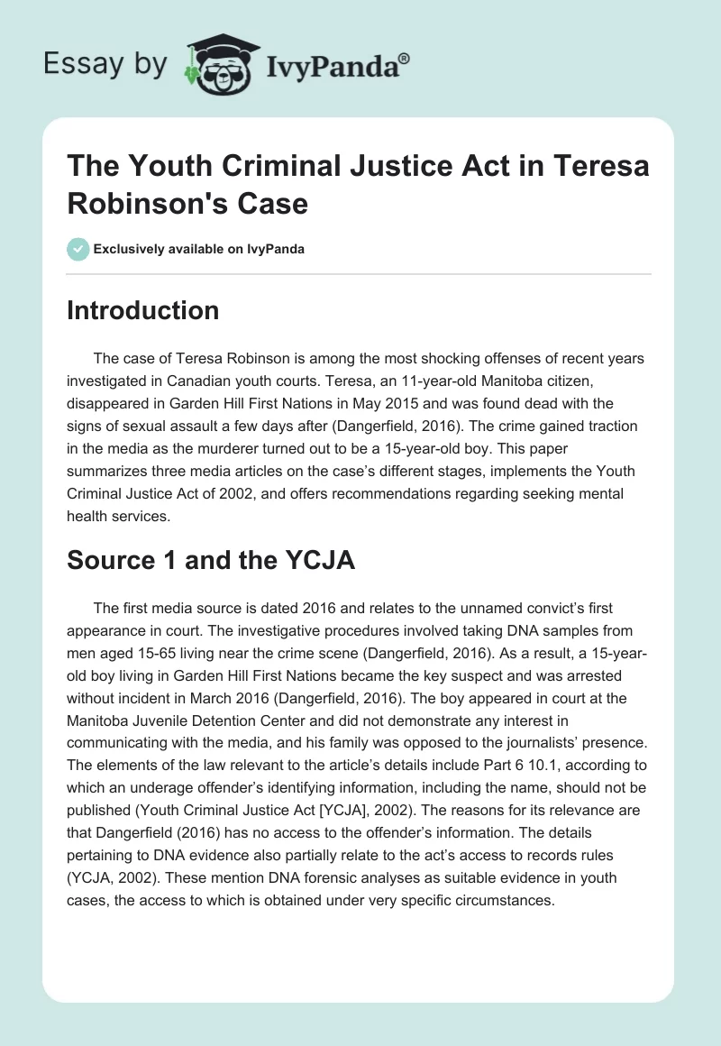 The Youth Criminal Justice Act in Teresa Robinson's Case. Page 1