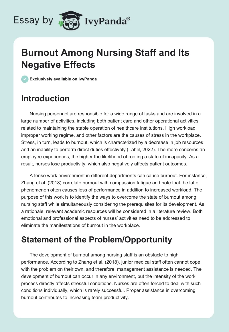 Burnout Among Nursing Staff and Its Negative Effects. Page 1