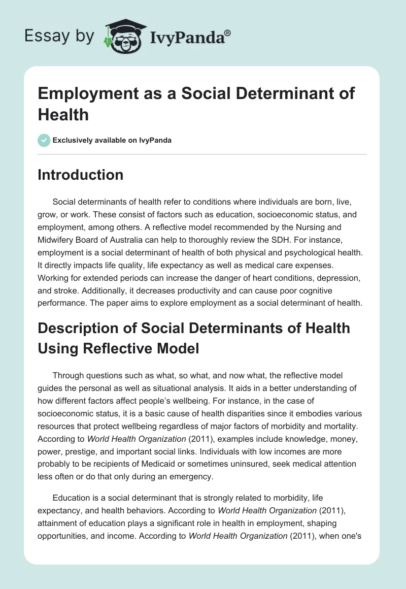 Employment as a Social Determinant of Health. Page 1