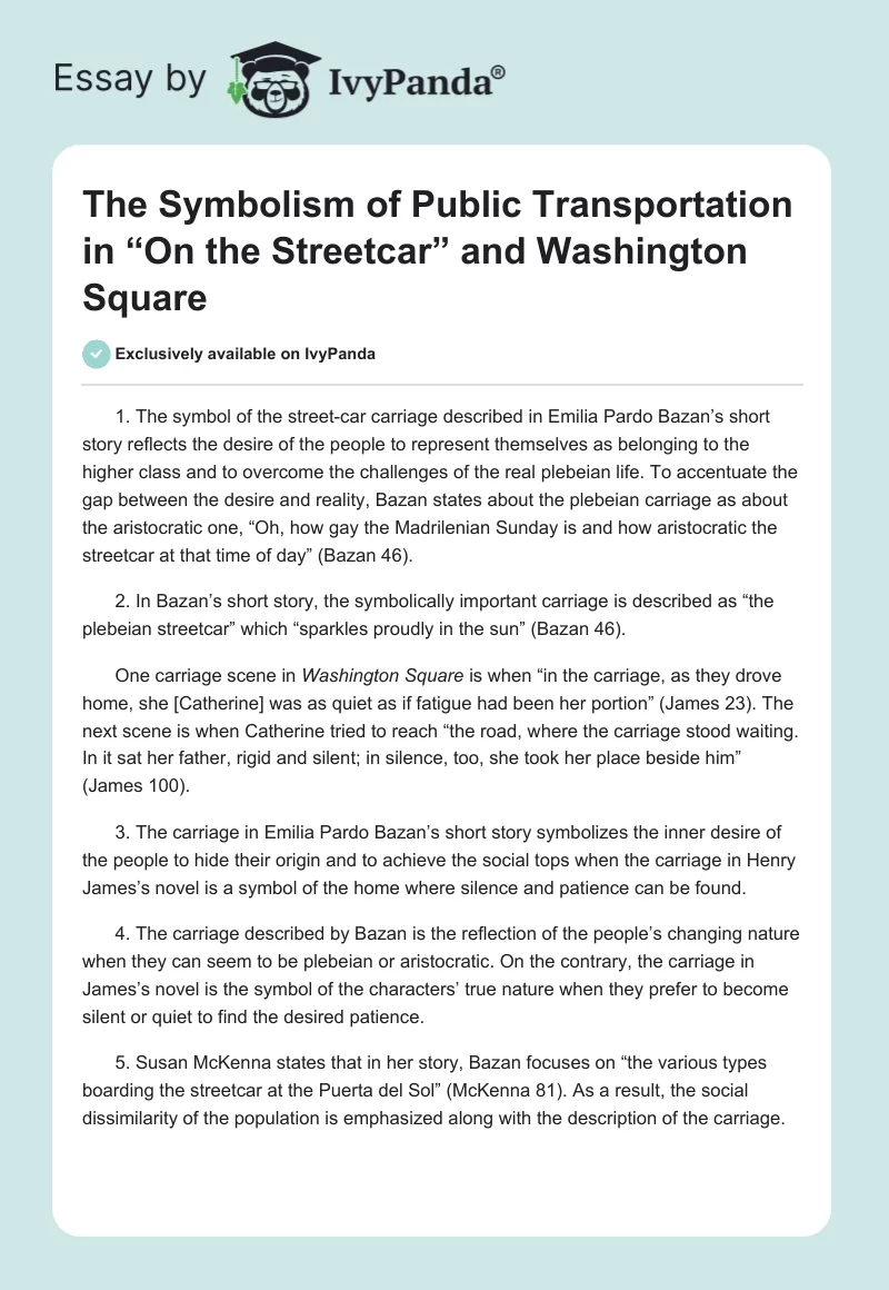 The Symbolism of Public Transportation in “On the Streetcar” and Washington Square. Page 1