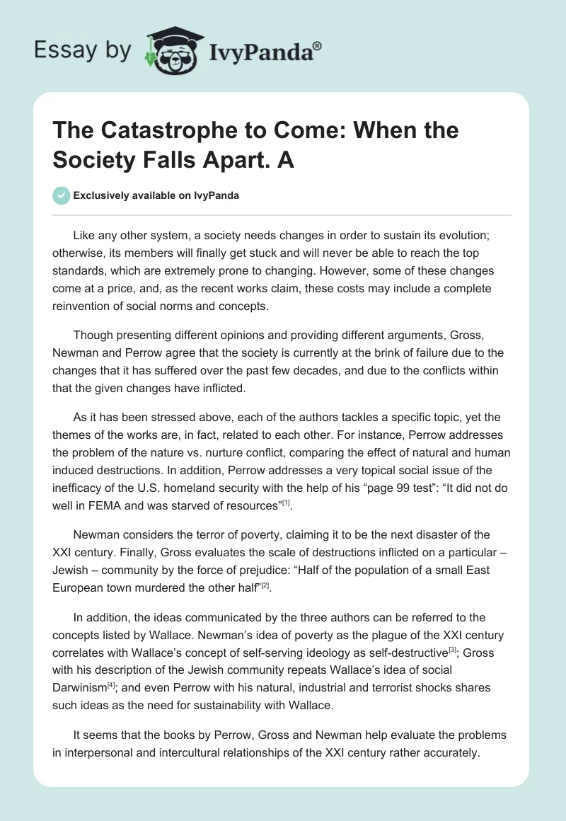 The Catastrophe to Come: When the Society Falls Apart. A. Page 1