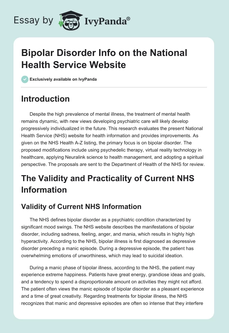 Bipolar Disorder Info on the National Health Service Website. Page 1