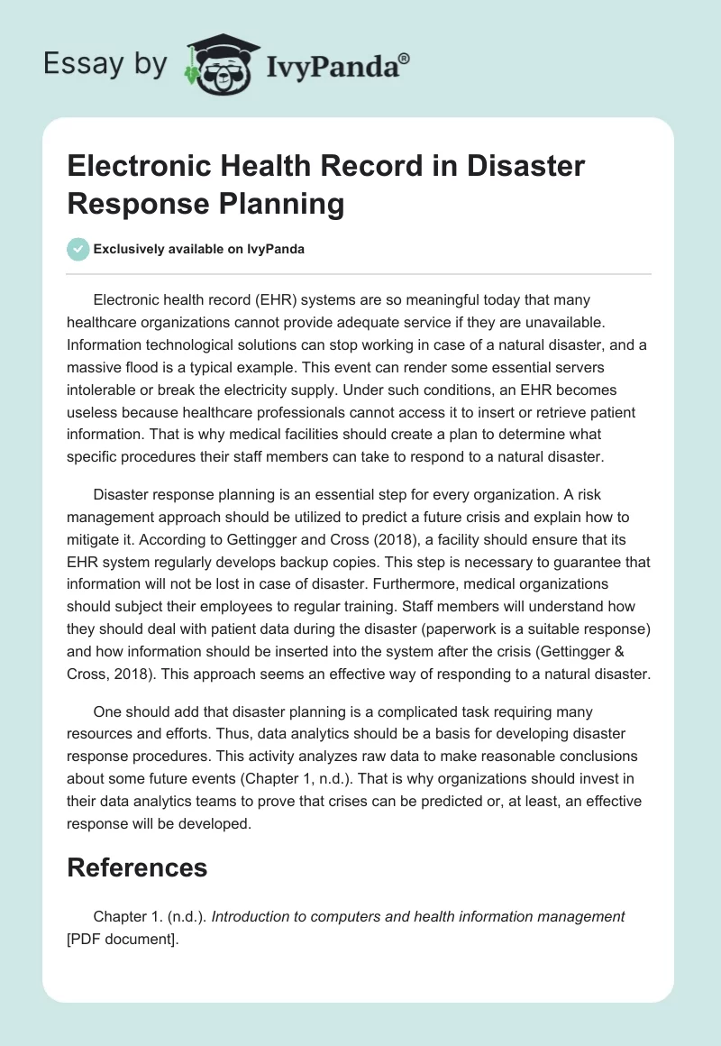 Electronic Health Record in Disaster Response Planning. Page 1