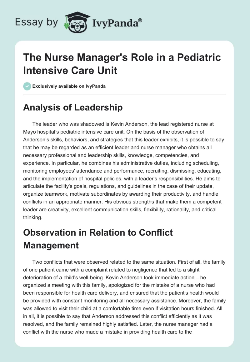 The Nurse Manager's Role in a Pediatric Intensive Care Unit. Page 1
