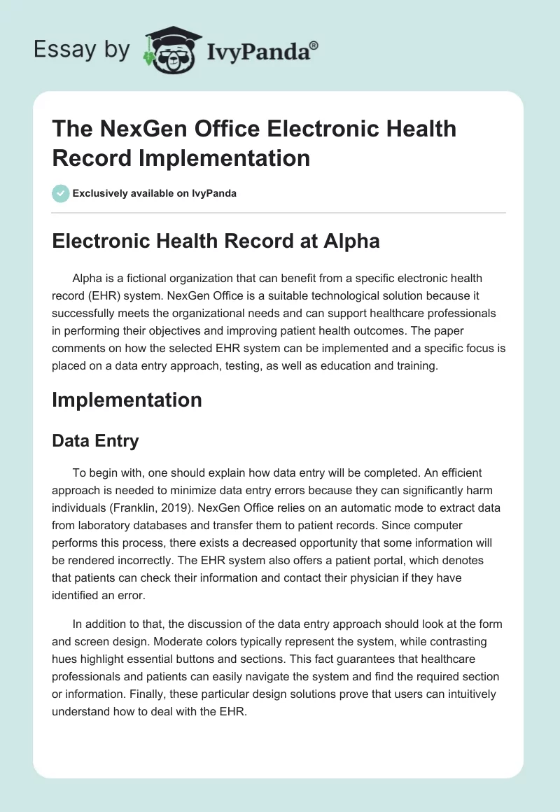 The NexGen Office Electronic Health Record Implementation. Page 1