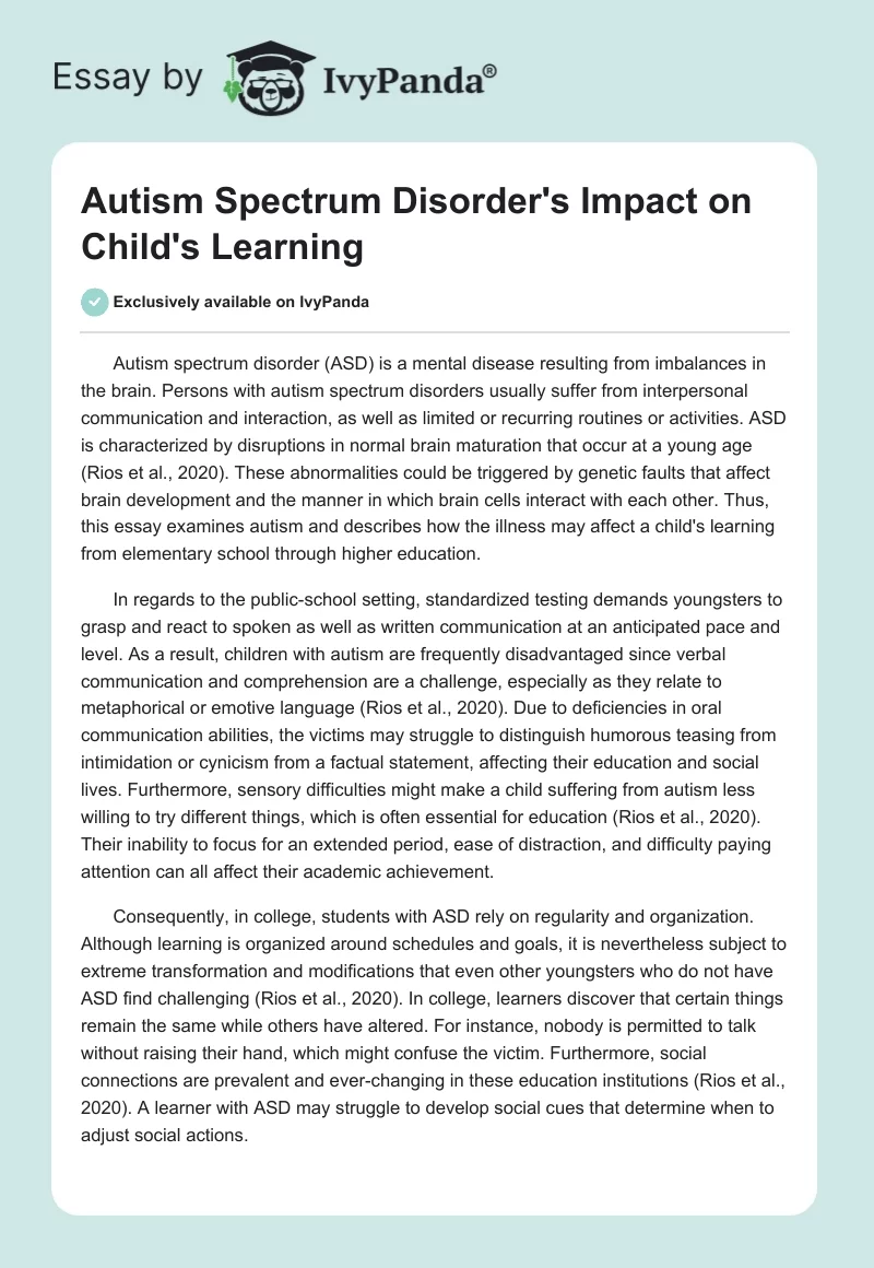 Autism Spectrum Disorder's Impact on Child's Learning. Page 1