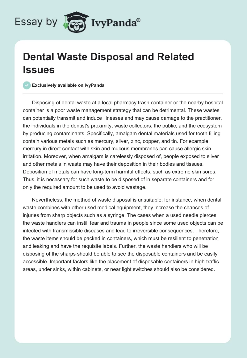 Dental Waste Disposal and Related Issues. Page 1