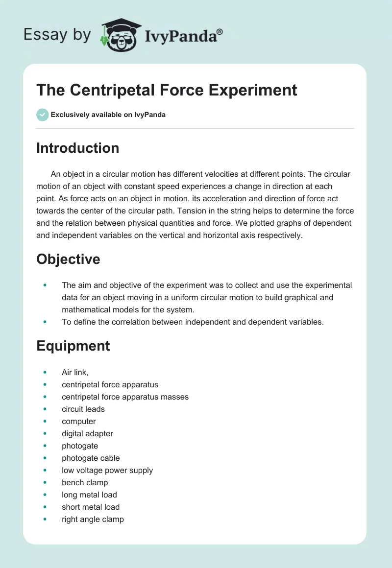 The Centripetal Force Experiment. Page 1
