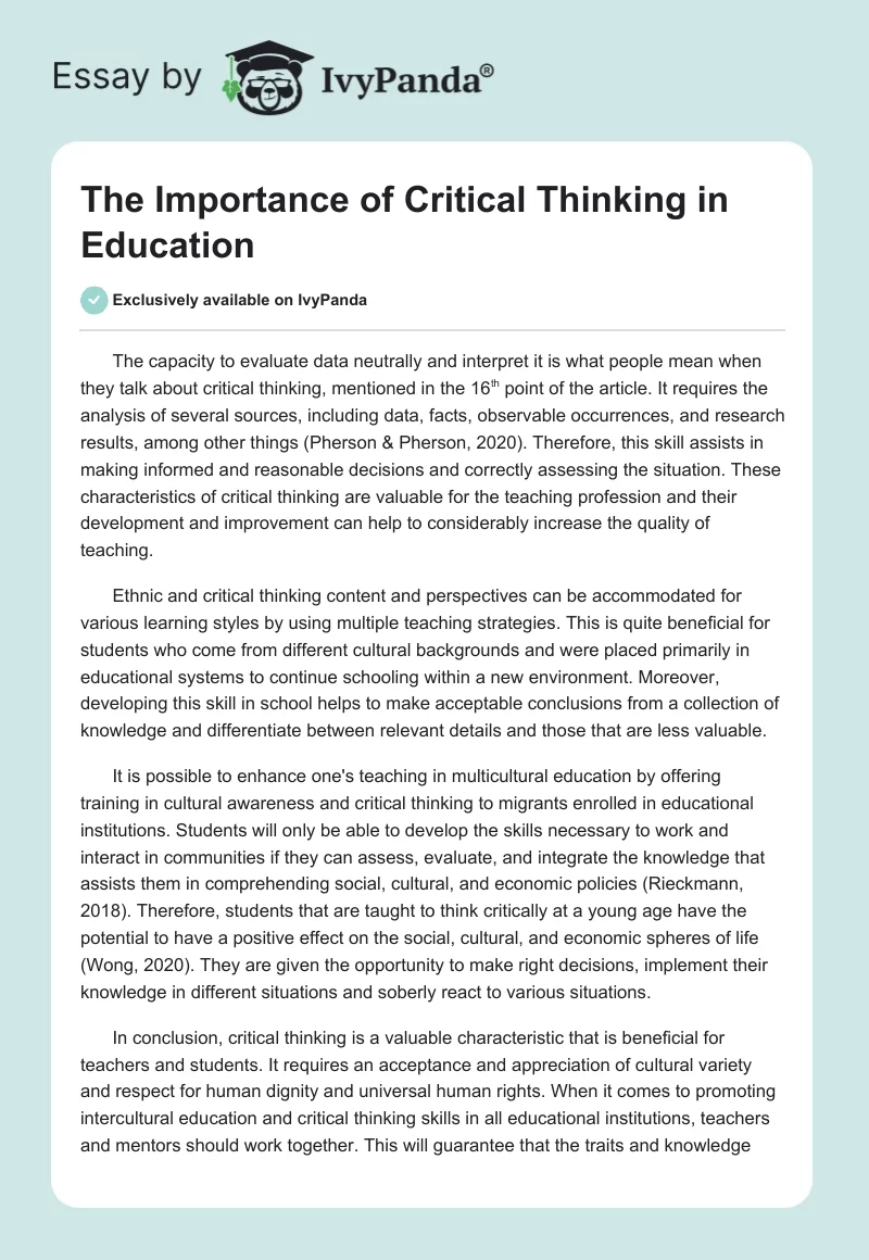 The Importance of Critical Thinking in Education. Page 1
