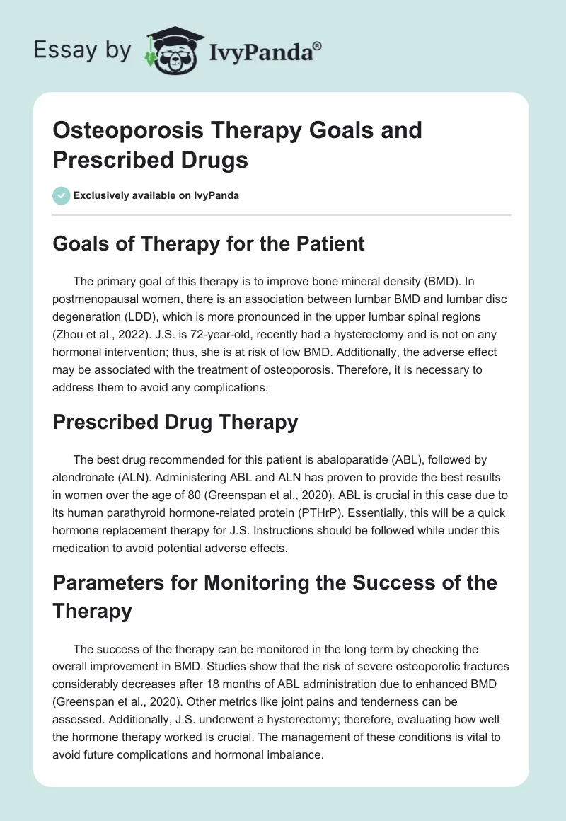 Osteoporosis Therapy Goals and Prescribed Drugs. Page 1