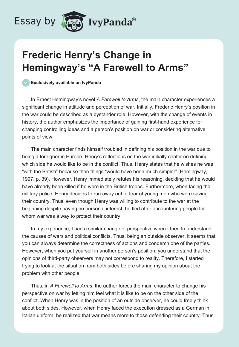 Frederic Henry’s Change in Hemingway’s “A Farewell to Arms”. Page 1