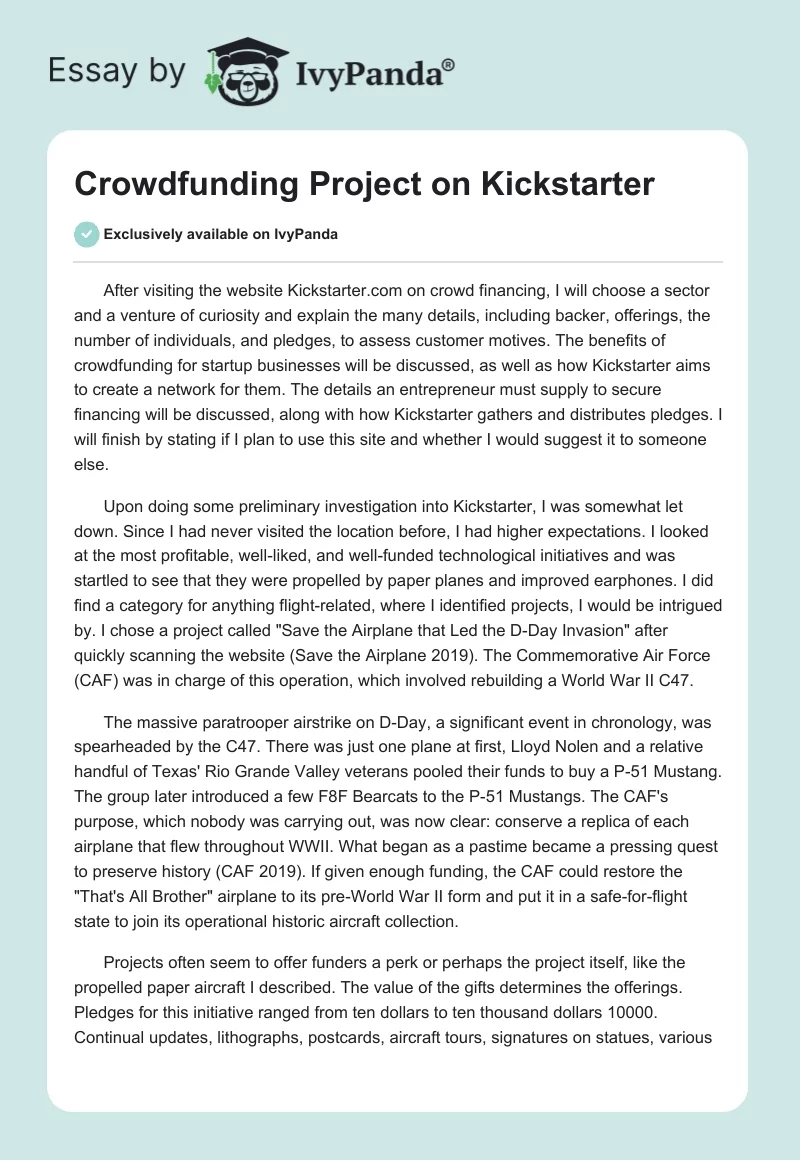 Crowdfunding Project on Kickstarter. Page 1