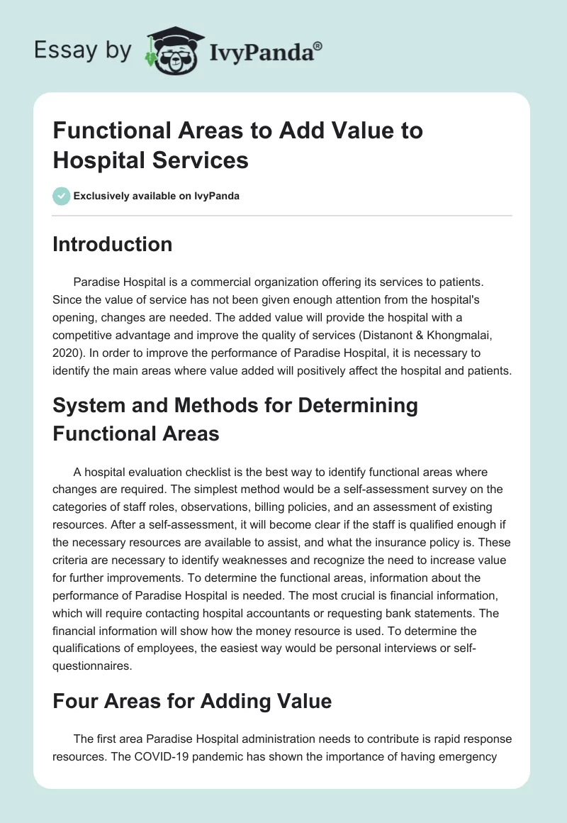 Functional Areas to Add Value to Hospital Services. Page 1