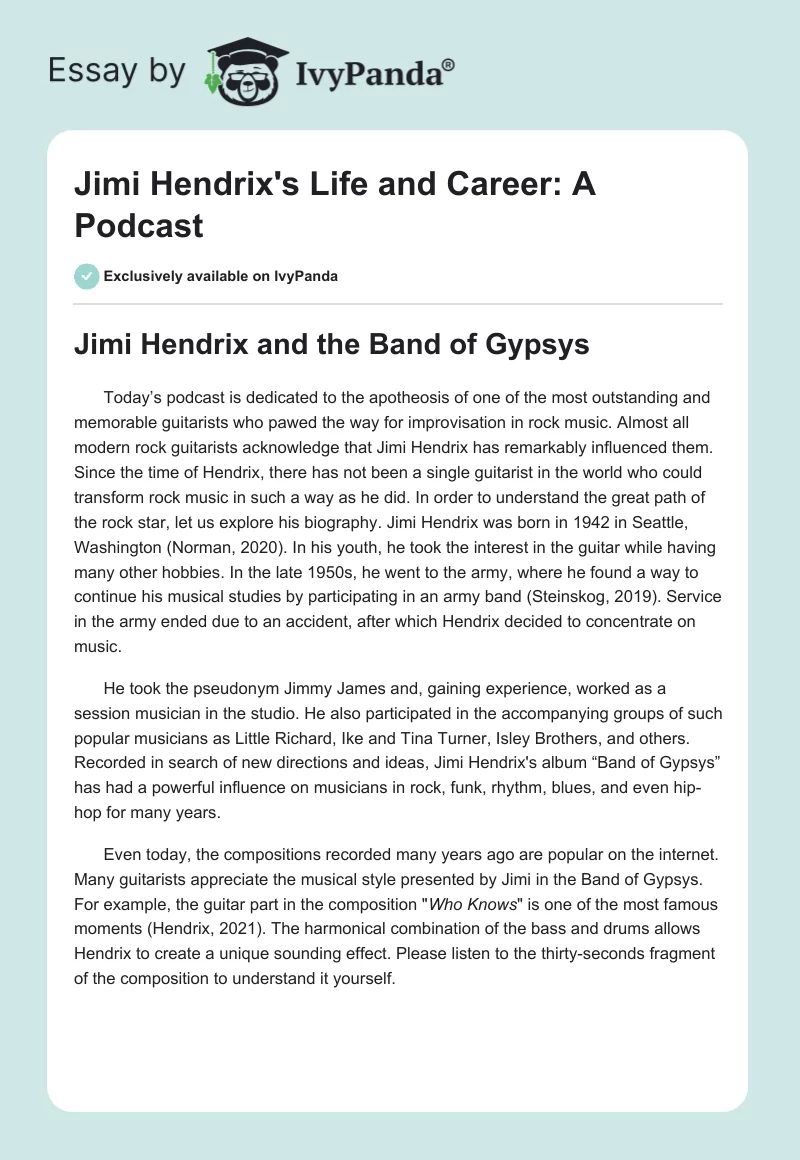 Jimi Hendrix's Life and Career: A Podcast. Page 1