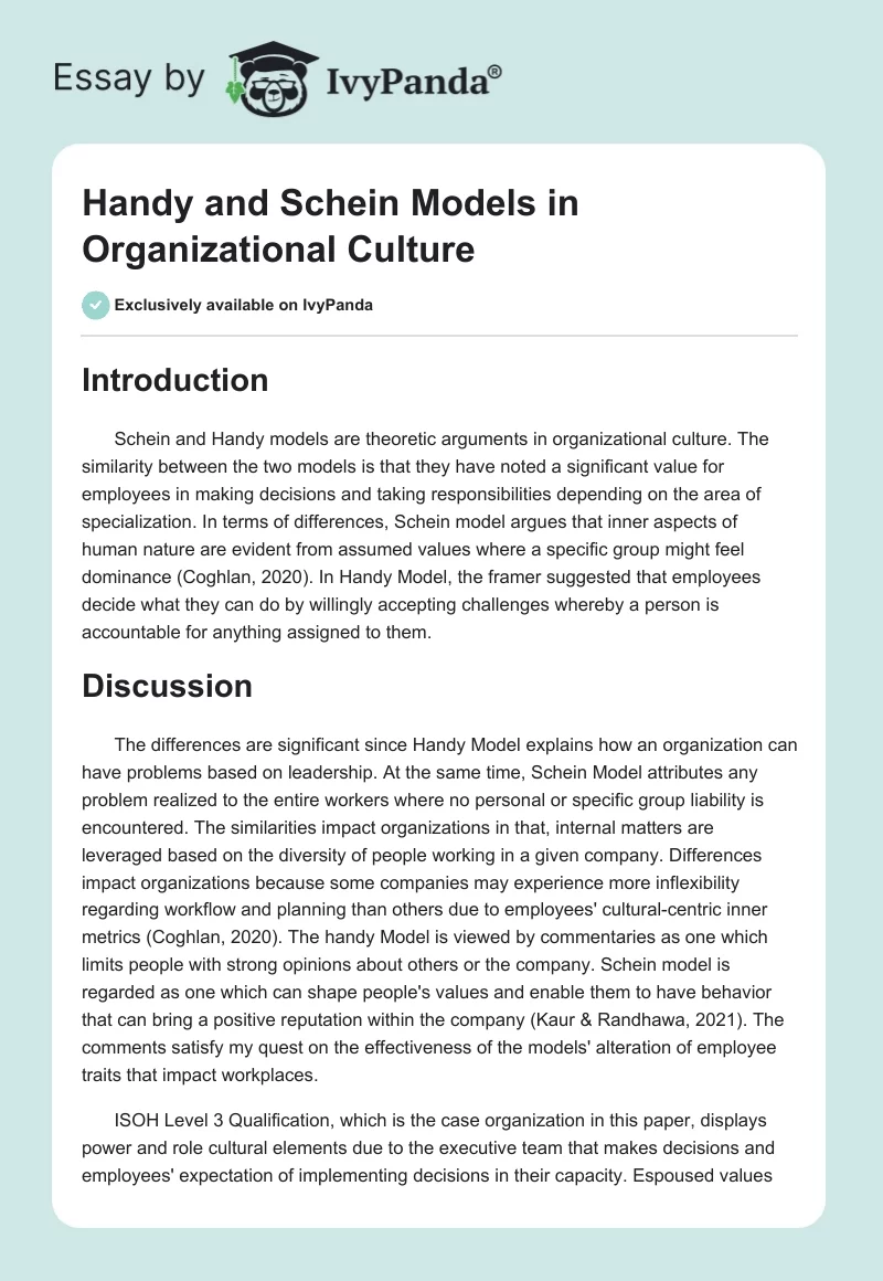 Handy and Schein Models in Organizational Culture. Page 1