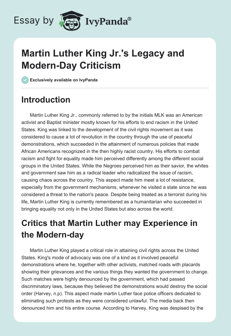 Martin Luther King Jr.'s Legacy and Modern-Day Criticism. Page 1