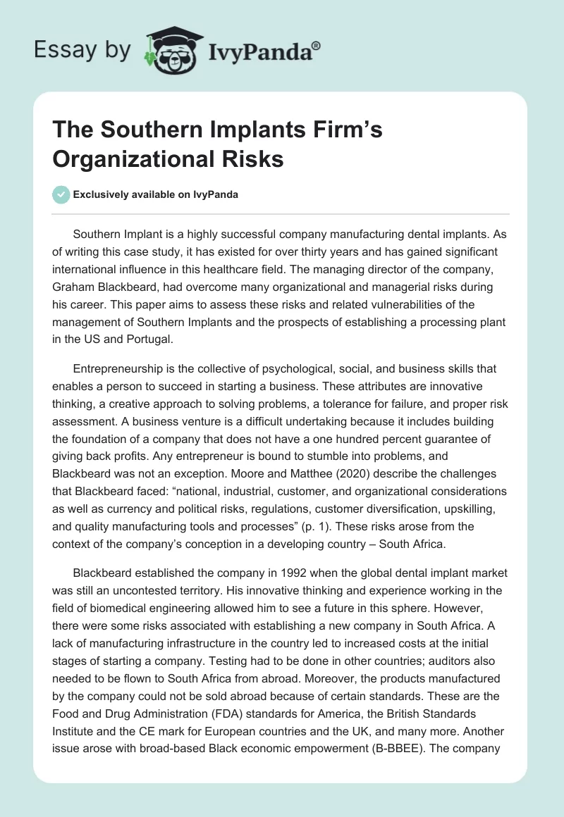 The Southern Implants Firm’s Organizational Risks. Page 1