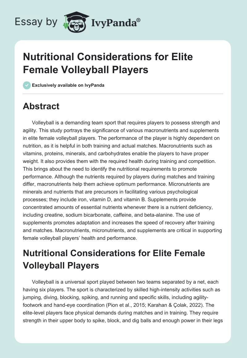 Nutritional Considerations for Elite Female Volleyball Players. Page 1