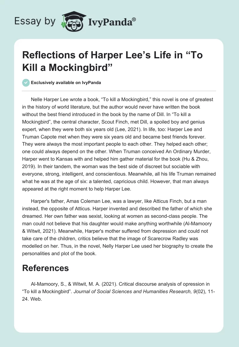 Reflections of Harper Lee’s Life in “To Kill a Mockingbird”. Page 1