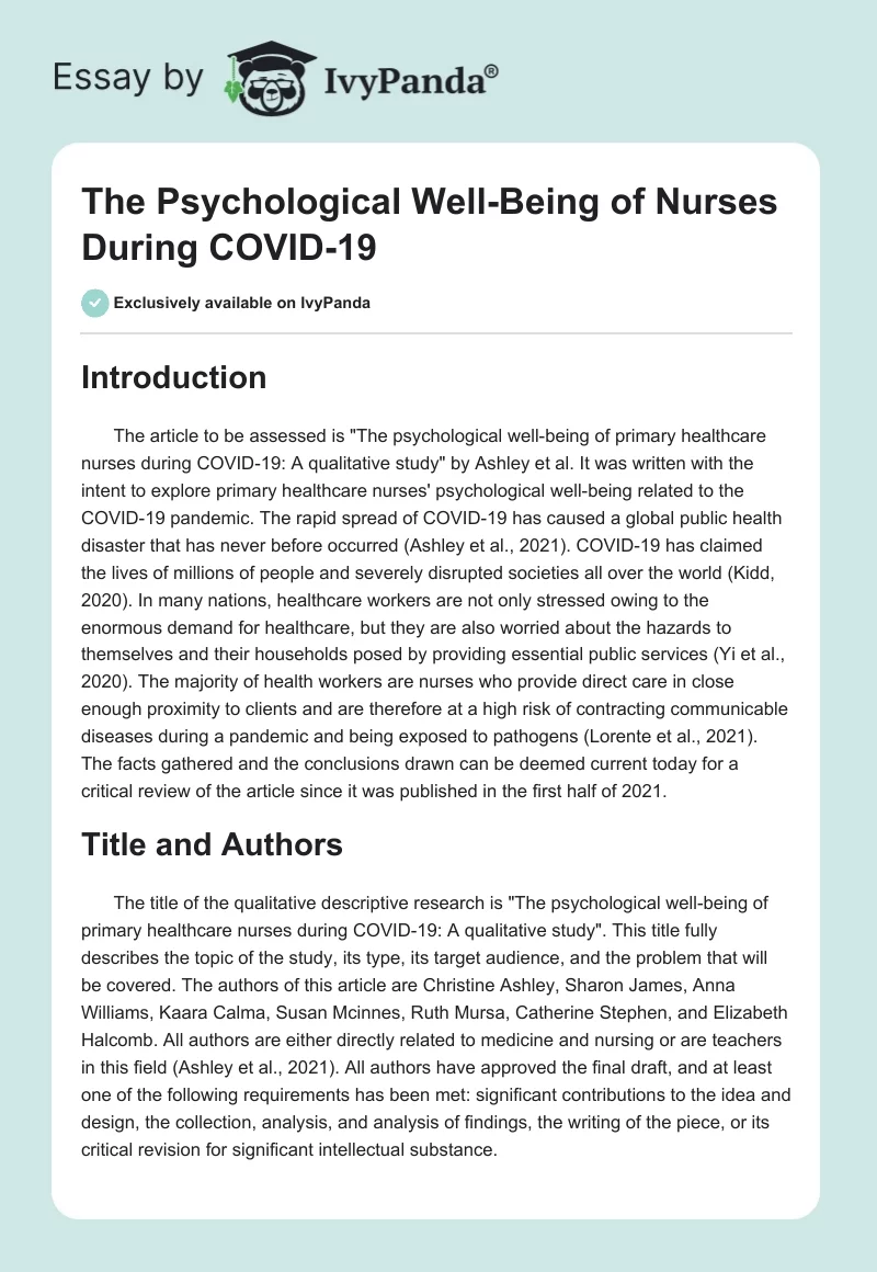 The Psychological Well-Being of Nurses During COVID-19. Page 1