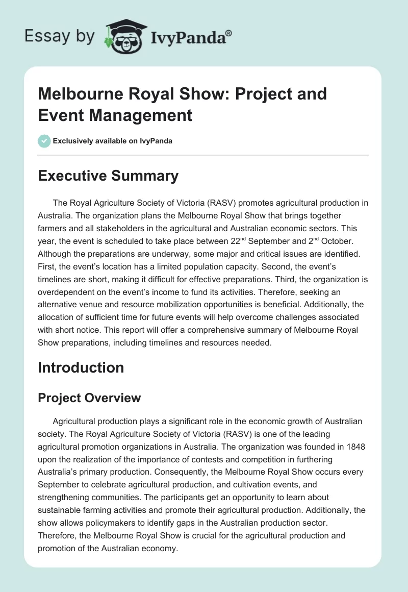 Melbourne Royal Show: Project and Event Management. Page 1