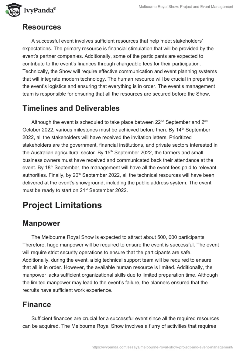 Melbourne Royal Show: Project and Event Management. Page 3