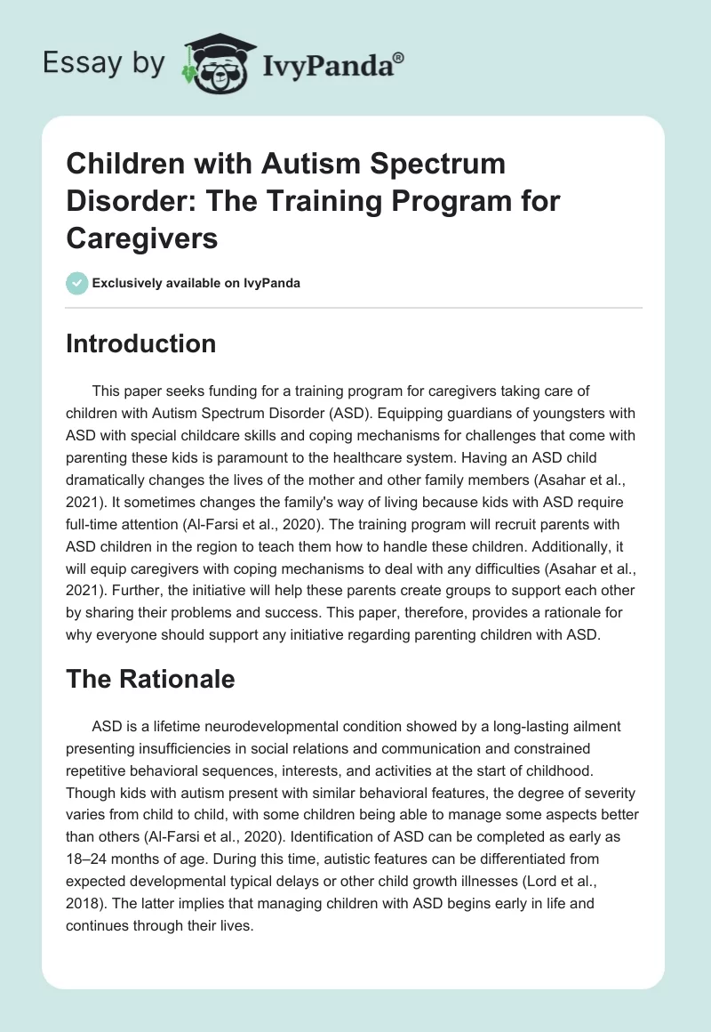 Children With Autism Spectrum Disorder: The Training Program for Caregivers. Page 1