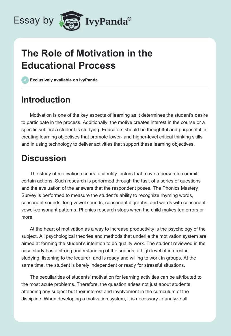 The Role of Motivation in the Educational Process. Page 1