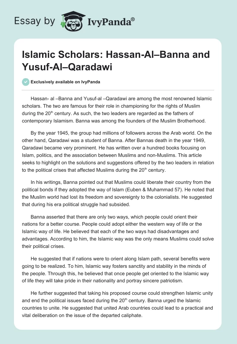 Islamic Scholars: Hassan-Al–Banna and Yusuf-Al–Qaradawi. Page 1