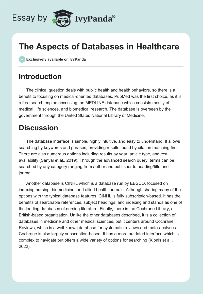 The Aspects of Databases in Healthcare. Page 1