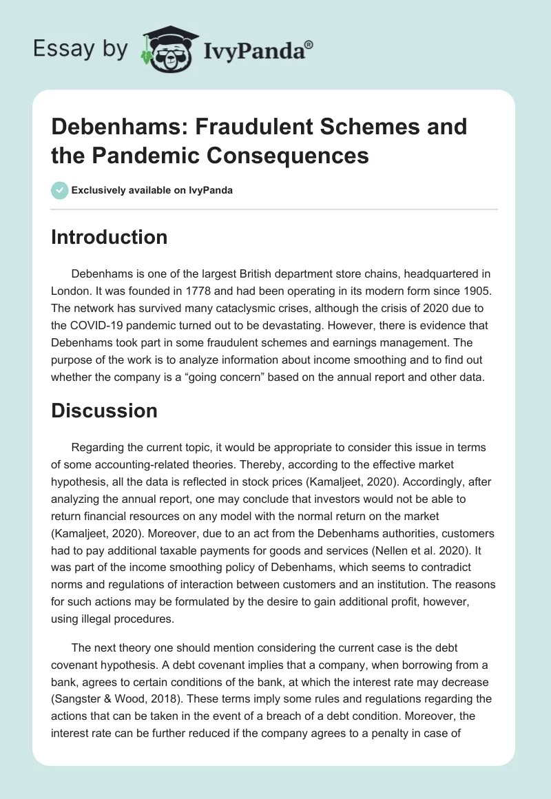 Debenhams: Fraudulent Schemes and the Pandemic Consequences. Page 1