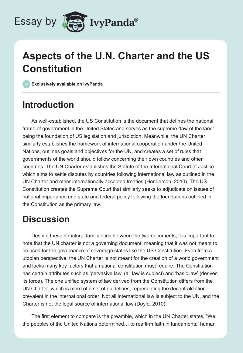 Aspects of the U.N. Charter and the US Constitution. Page 1