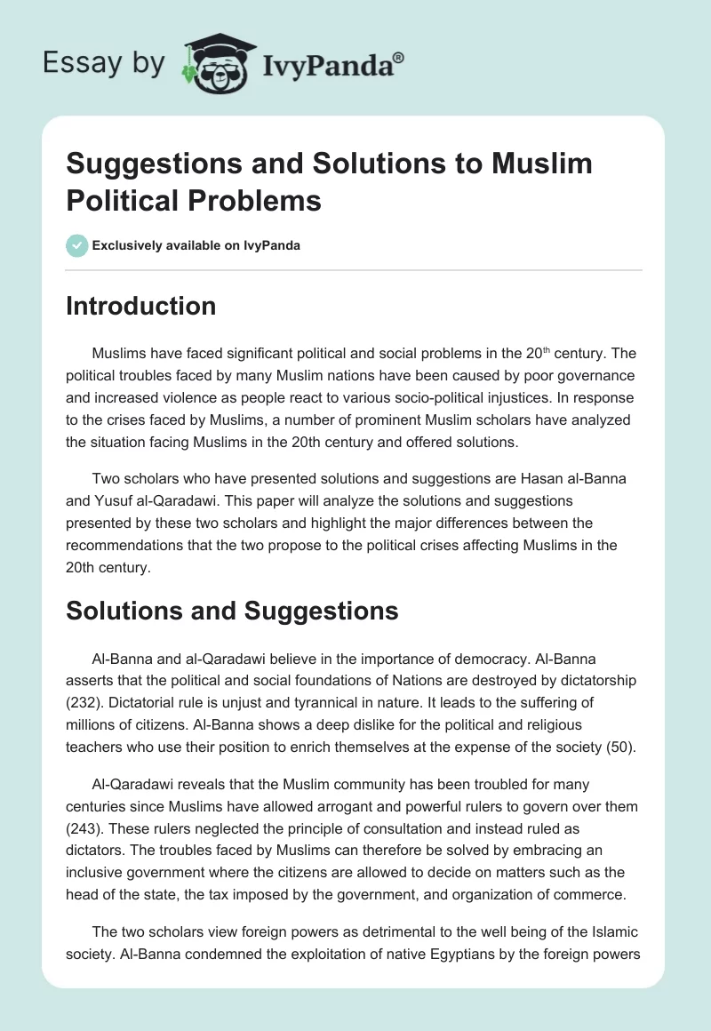 Suggestions and Solutions to Muslim Political Problems. Page 1