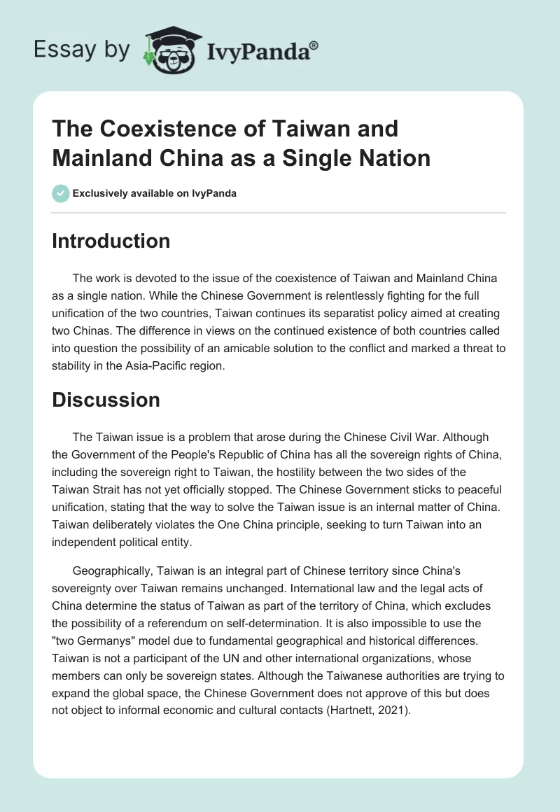 The Coexistence of Taiwan and Mainland China as a Single Nation. Page 1