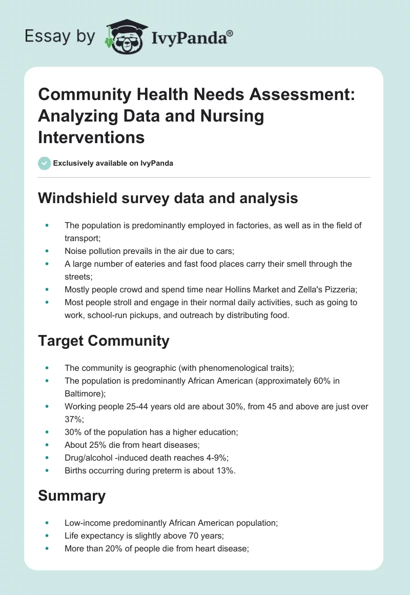 Community Health Needs Assessment: Analyzing Data and Nursing Interventions. Page 1
