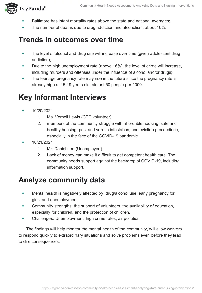 Community Health Needs Assessment: Analyzing Data and Nursing Interventions. Page 2