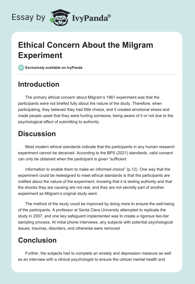 Ethical Concern About the Milgram Experiment. Page 1
