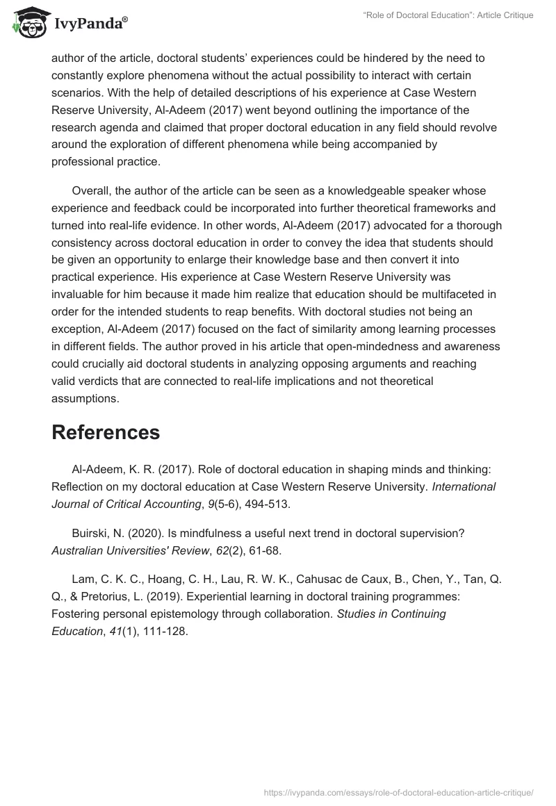 “Role of Doctoral Education”: Article Critique. Page 2