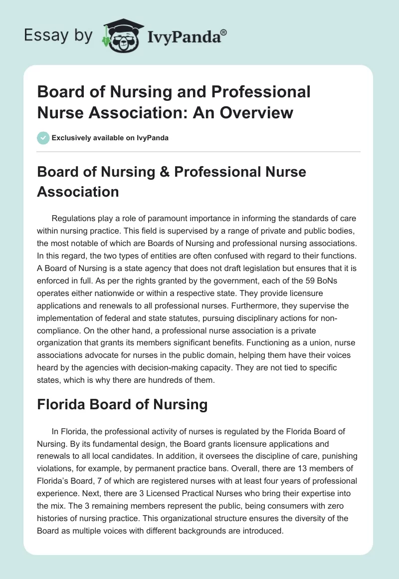 Board of Nursing and Professional Nurse Association: An Overview. Page 1