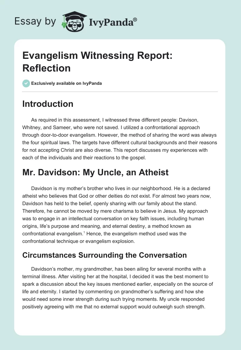 Evangelism Witnessing Report: Reflection. Page 1