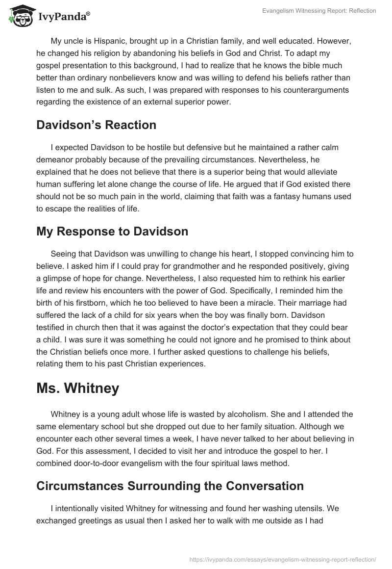 Evangelism Witnessing Report: Reflection. Page 2