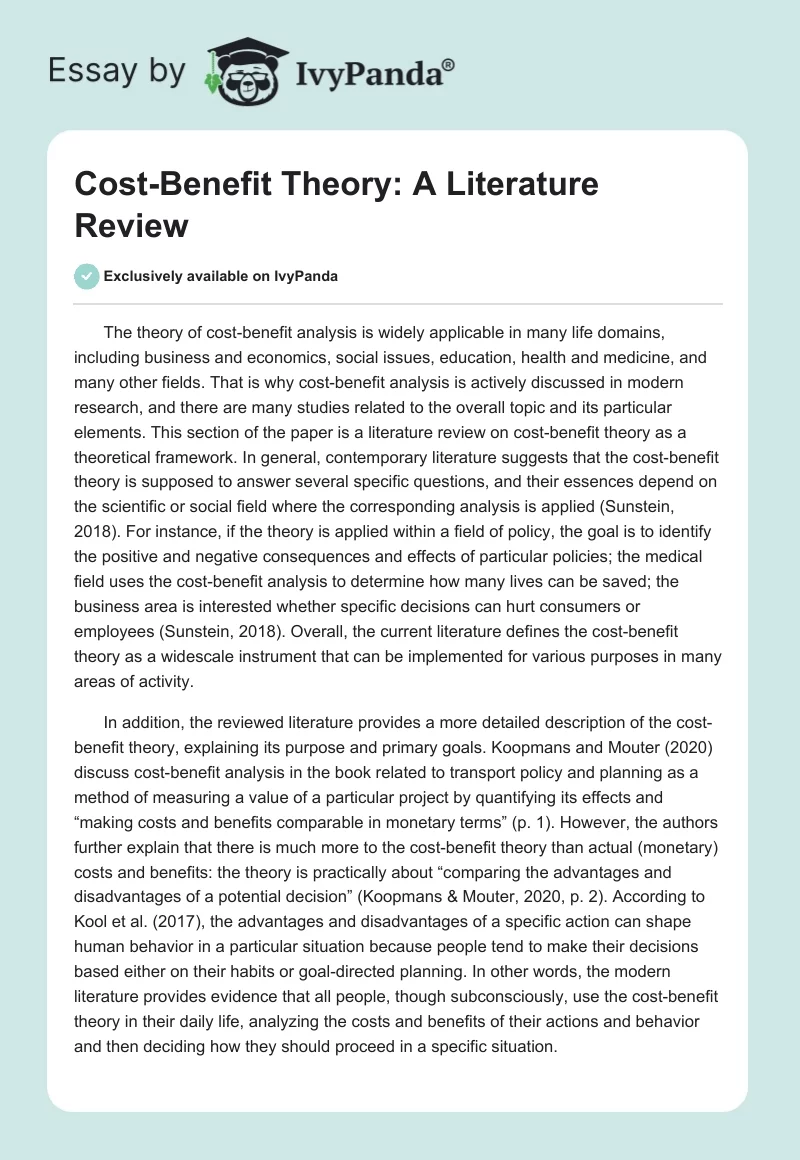 Cost-Benefit Theory: Literature Review. Page 1