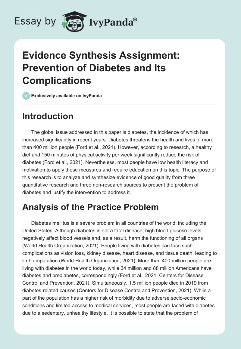 Evidence Synthesis Assignment: Prevention of Diabetes and Its Complications. Page 1