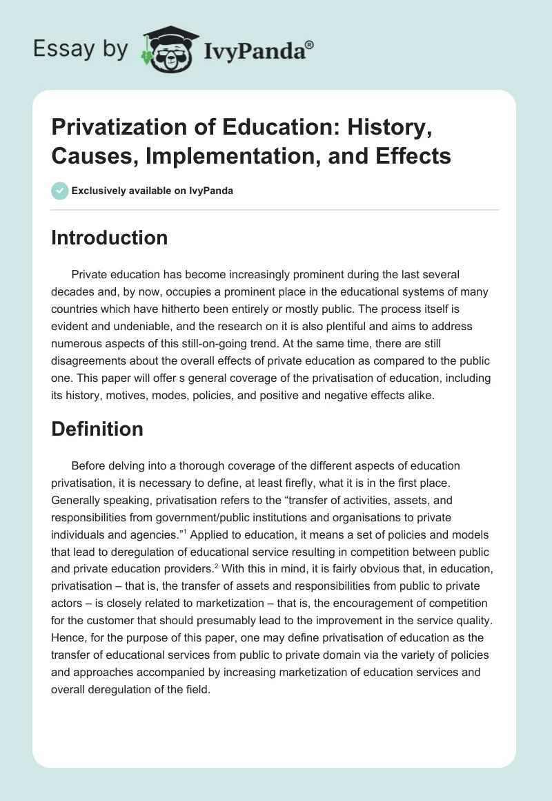 Privatization of Education: History, Causes, Implementation, and Effects. Page 1
