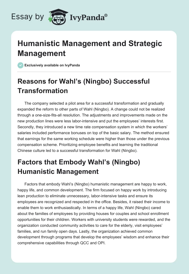 Humanistic Management and Strategic Management. Page 1